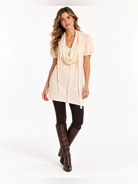 BCBGMAXAZRIA Silk Cashmere Hooded Tunic Dress Cream Soft Draped Cowl Neck